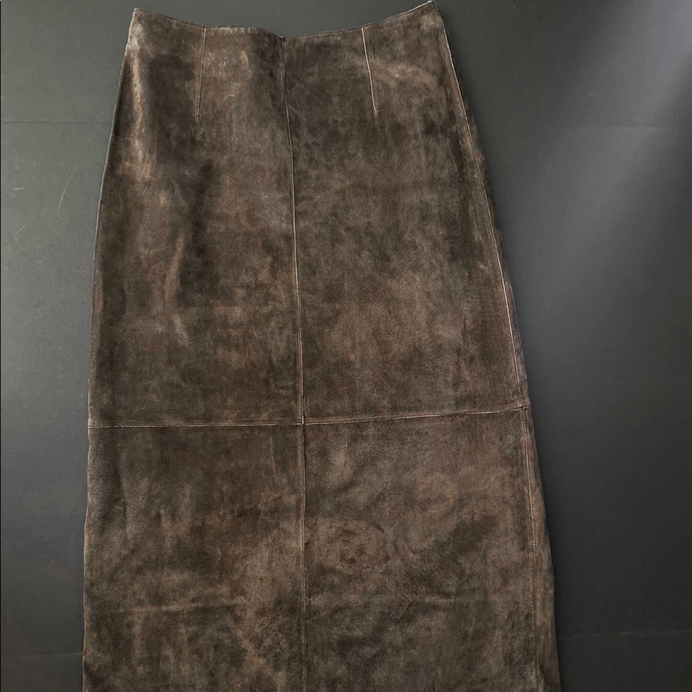 Brown suede leather midi skirt with back slit